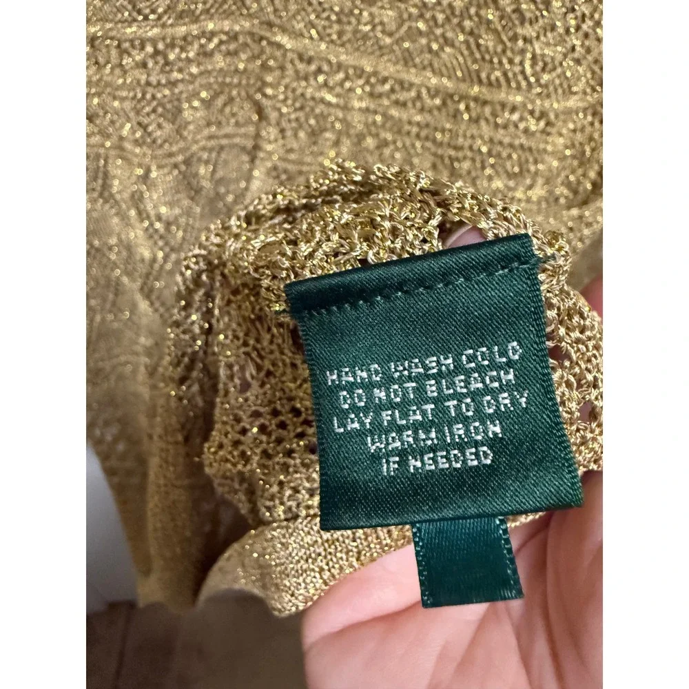 Lauren Ralph Lauren‎ Gold Metallic Pointelle Knit Crochet Sweater Top Womens M